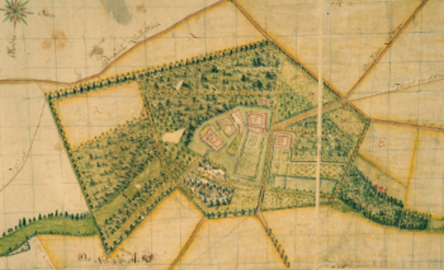 Abb. 1: Schloss Dyck mit seinen Gartenanlagen, kolorierte Karte der Reichsfreien Herrschaft Dyck von Joseph Otto, 1776 (Ausschnitt). <br><i>Rechte: Familie von Wolff Metternich zur Gracht</i>