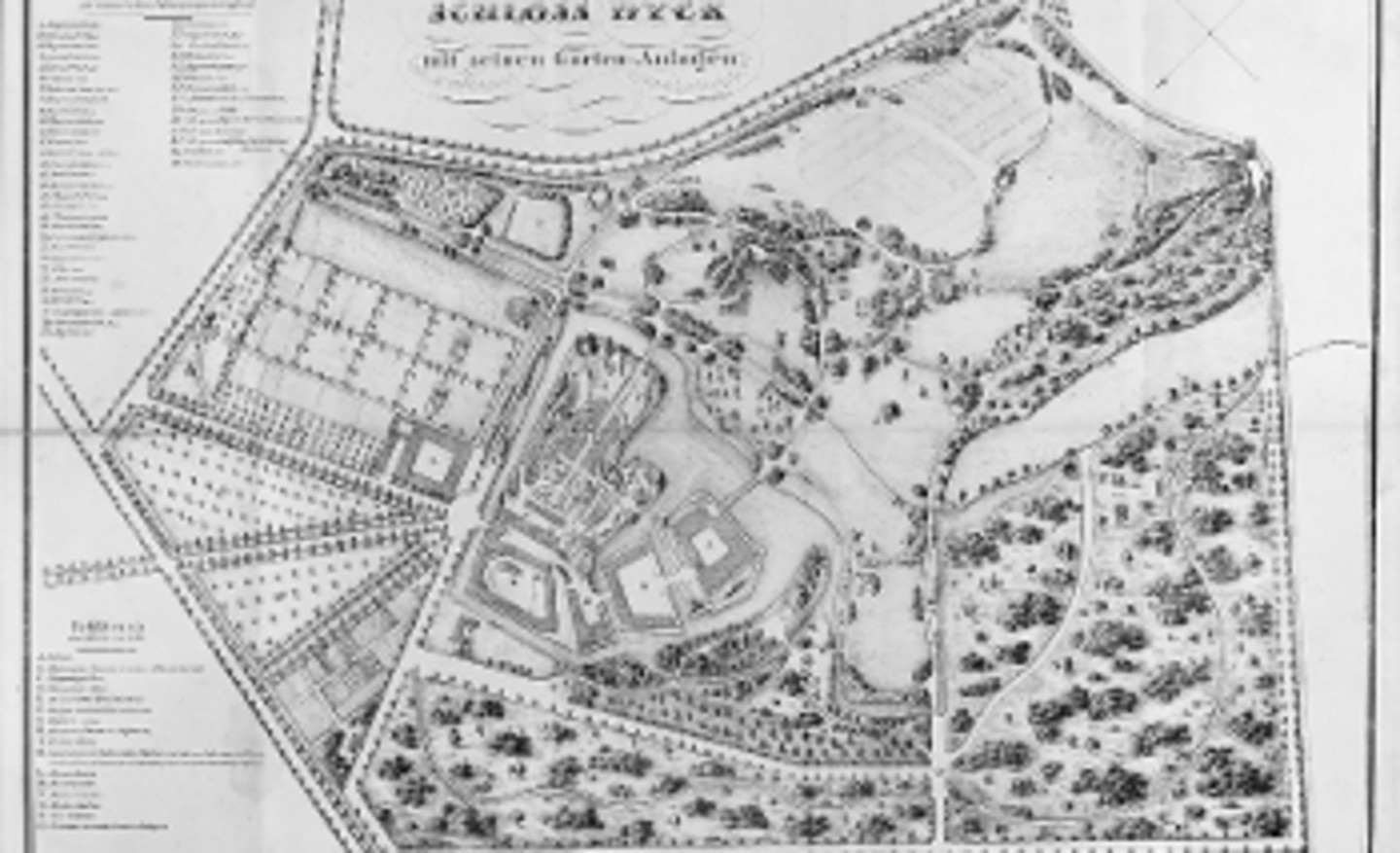 Abb. 3: Plan der Gartenanlagen von Schloss Dyck aus dem Hortus Dyckensis von 1834, lithographiert von T. Emmerich.</br><i> Rechte: Familie von Wolff Metternich zur Gracht</i>